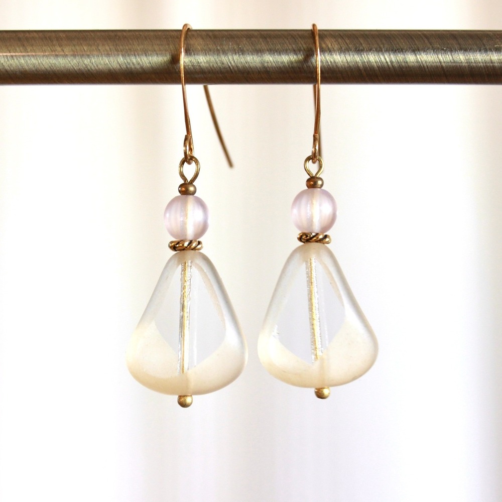 Frosted Glass Teardrop Drop Earrings Gold‎ Tone Lavender Bead Minimalist D7